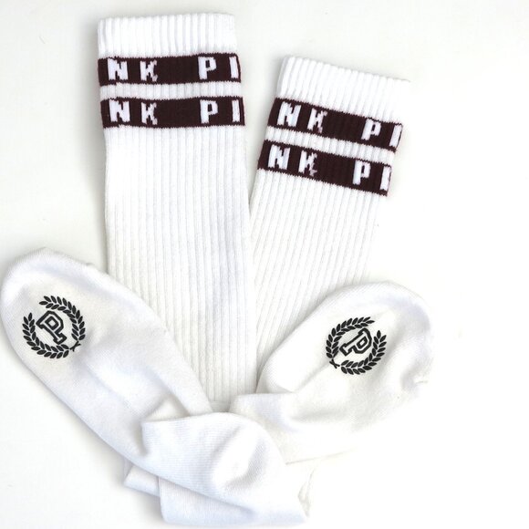 Super Rare Vintage White Knee High Socks w/ Red Macaroon Band & PINK Logo Unworn - Picture 5 of 7